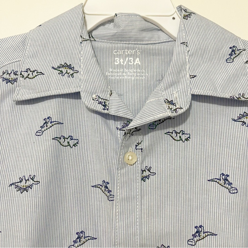 Carter's Blue 3T Stripe Dinosaur Toddler Button Down Long Sleeve Dress Shirt